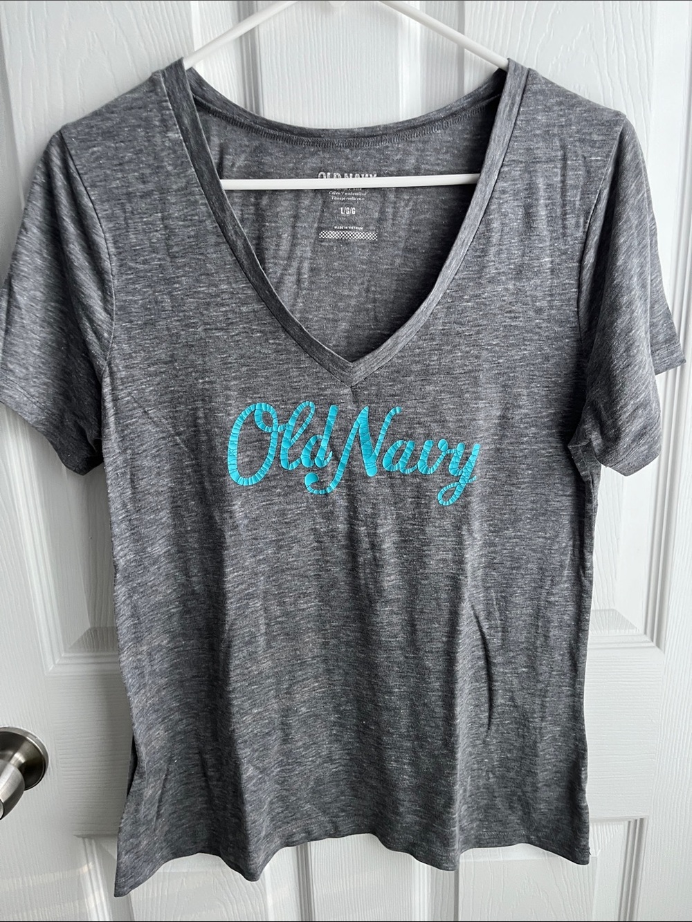 Old Navy Gray Relaxed V-Neck Tee with Teal Script Logo